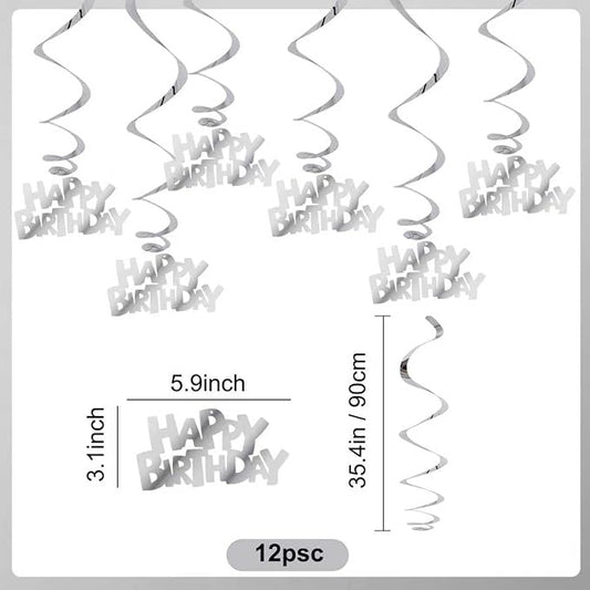 BEISHIDA 12 Pcs Pre-Strung Happy Birthday Hanging Swirl Decorations, Silver Birthday Party Hanging Decor Supplies for Kids Adults