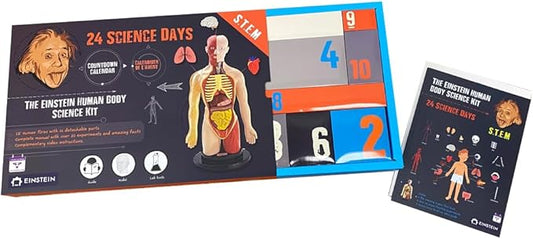 Einstein Human Body Science Kit : unique and original 24 S.T.E.M science experiments & activities all about the human body. Includes 12’ Human Model with 16 detachable organs and a printed guide with directions & facts. plus a daily Video guide.