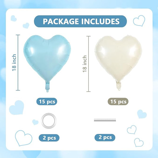 TONIFUL 30Pcs 18 Inch Light Blue Cream White Balloons Pastel Blue Heart Shape Foil Mylar Banners Decoration for Birthday Valentine's Day Wedding Bridal Shower Anniversary Engagement Party Supplies