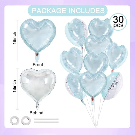 TONIFUL 30Pcs 18 Inch Light Blue Balloons Iridescent Blue Heart Shape Foil Mylar Banners Decoration for Birthday Valentine's Day Wedding Bridal Shower Anniversary Engagement Party Supplies