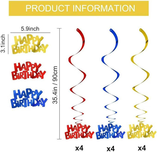 BEISHIDA 12 Pcs Happy Birthday Hanging Swirl Decorations, Pre-Strung Birthday Party Hanging Decor Supplies for Kids Adults(Red, Blue Gold)