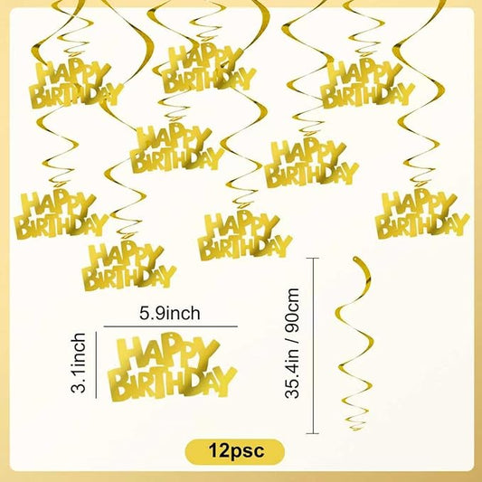 BEISHIDA 12 Pcs Pre-Strung Happy Birthday Hanging Swirl Decorations, Gold Birthday Party Hanging Decor for Kids Adults