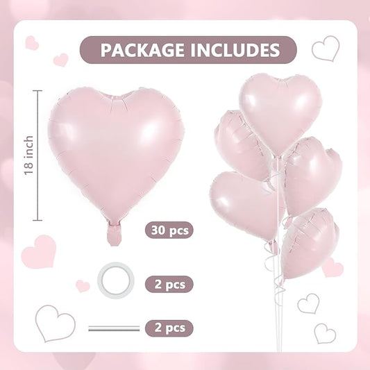 TONIFUL 30Pcs 18 Inch Baby Pink Heart Balloons Pastel Pink Heart Shape Foil Mylar Balloons Decoration for Birthday Valentine's Day Wedding Bridal Shower Anniversary Engagement Party Supplies