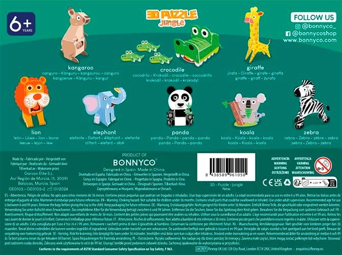 BONNYCO 3D Puzzles for Kids Toys Jungle Animals Pack 8. 3D Puzzle Jigsaw 6-8 9-13, Educational Girl and Boy Toys. Gifts for Kids Activity, Birthday Gifts for Boys. Rompecabezas 3-D Foam, Christmas