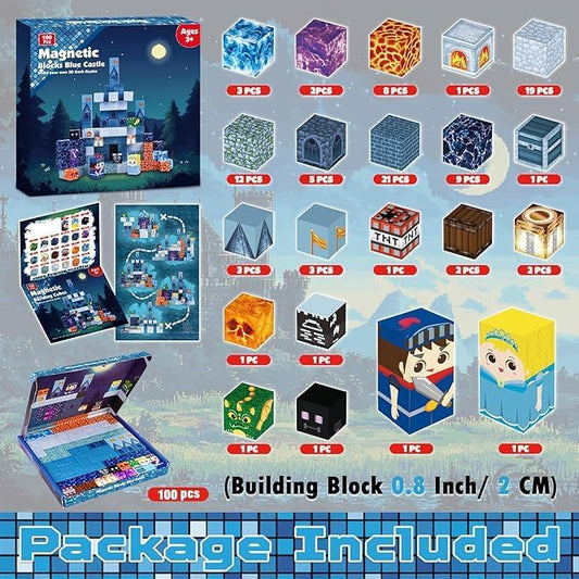 Magnetic Building Blocks Magnetic Building Tiles Toys for Boys Girls Age 3+,Creative Plastic Magnet Square Gift for Kids Blue Castle 100pcs