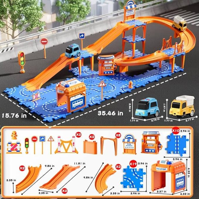 Puzzle Race Car Track Set for Kids 3-5, Floor Puzzle Track Car Set, Toddler Toys for 3 4 5 6 Years Old Boys, Toys Gift for Kids Boys Girls Age 3 4 5 6 7 8 Years Old