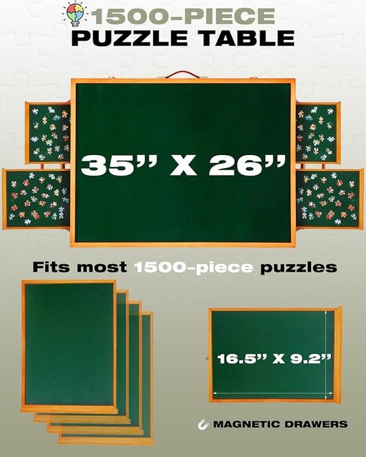 1500 Piece Wooden Jigsaw Puzzle Table with Drawers and Cover, Adjustable Puzzle Board with Foldable Legs, Portable Tilted Puzzle Easel for Adults, Velvet-Lined Tabletop and Drawers, Heavy Duty