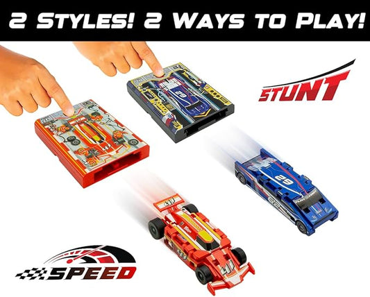 FLAT 2 FAST Original Stunt Card Racer – Flat Car Racer and Pocket Size Racecar Launcher with Built-in Button for Stunt Launching and Racing – Compact – Blue