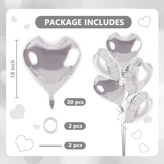 TONIFUL 30Pcs 18 Inch Silver Heart Balloons Silver Heart Shape Foil Mylar Balloons Decoration for Birthday Valentine's Day Wedding Bridal Shower Anniversary Engagement Party Supplies