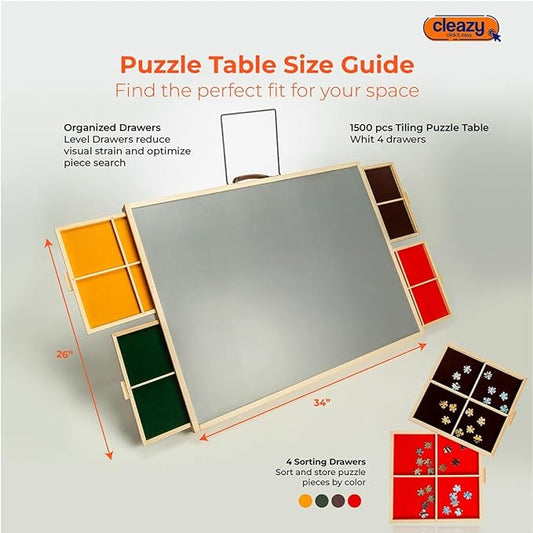 CLEAZY 1500-Piece Wooden Puzzle Table with 360° Rotating Lazy Susan, Adjustable Tilt Stand, 4 Storage Drawers & LED Lamp - Portable Board with Cover