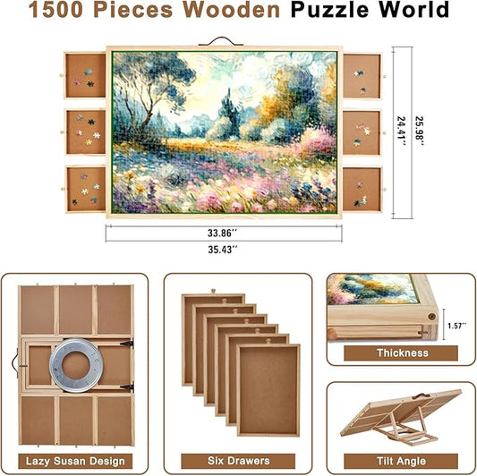 Rotating Puzzle Board 1500 Pieces with 6 Drawers and Cover,Portable Jigsaw Puzzle Board for Adults with 4 Adjustable Tilting Angles, Puzzle Table with Lazy Susan Spinning Cover 35.4" X 25.9".
