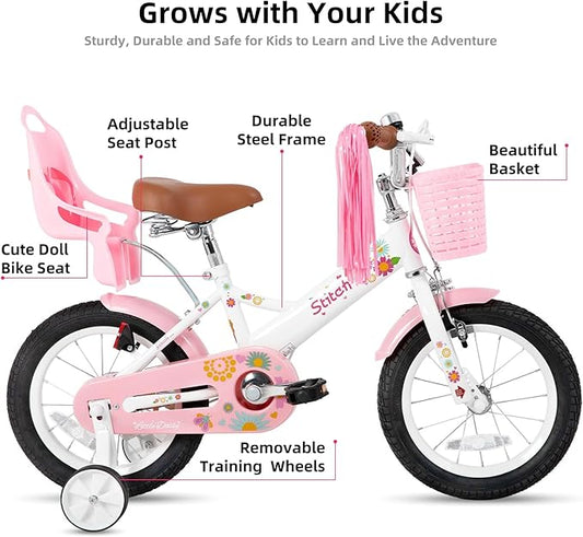 JOYSTAR Kids Bike for 2-7 Years Girls Boys w/o Dual Handbrake 12 14 16 Inch Princess Girls Bike with Training Wheels Doll Seat Streamers Boys Bikes with Flag & Water Bottle, Kids' Bicycle