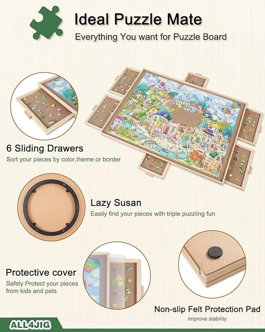 ALL4JIG 1500 Pieces Rotating Puzzle Board with 6 Drawers and Cover,25"x34"Portable Wooden Jigsaw Puzzle Table for Adults,Lazy Susan Spinning Puzzle Boards Birthday Gift for mom