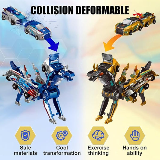 2-in-1 Collision Transformation Dinosaur Car Toy |Magnetic Cars Convertible Robot Toys|DinosaurToys for Kids 3-12 Ideal Christmas Birthday Gift for Boys (Golden Blue)