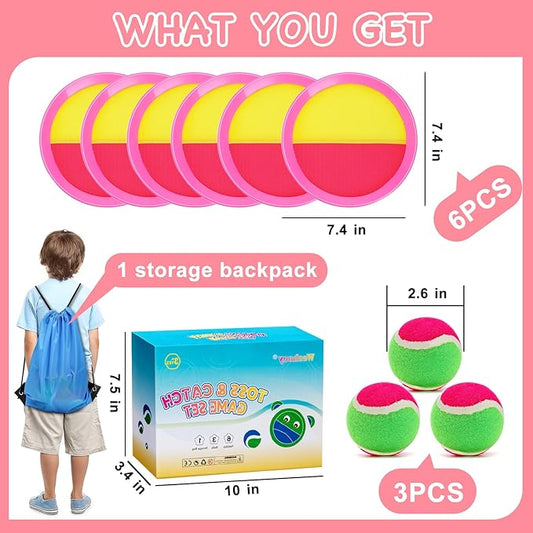 Toss and Catch Ball Set for Girls – 6 Paddles 3 Balls Pink Outdoor Game for Kids Ages 3-10, Birthday Gift, Christmas Toys, Holiday Present, Party Favor, Backyard Indoor Toy