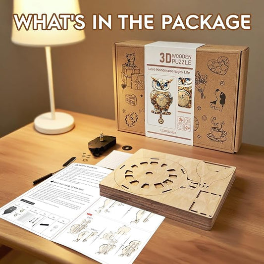 3D Puzzles for Adults Clock-Mechanical Owl Design Model Kit-Mechanical DIY Pendulum Clock with Roman Numerals-Desk Home Office Decor Personalized Gift for DIY Lovers