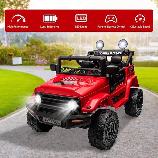 SEHOMY Kids Ride On Truck with Parent Remote, 12V Battery Powered Electric Car Girls Toys - 3 Speed, Spring Suspension, LED Lights, Safety Start, Music, 4 Wheels Kids' Electric Vehicles Red