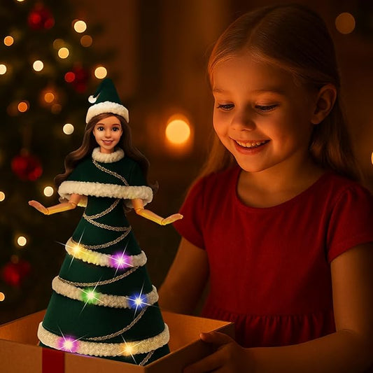 11.5-Inch Christmas Doll – LED Light-Up Dress with 3 Lighting Modes (Slow Flash, Fast Flash, Steady On),Display Stand, for Girls Ages 3–12 (Christmas Doll)