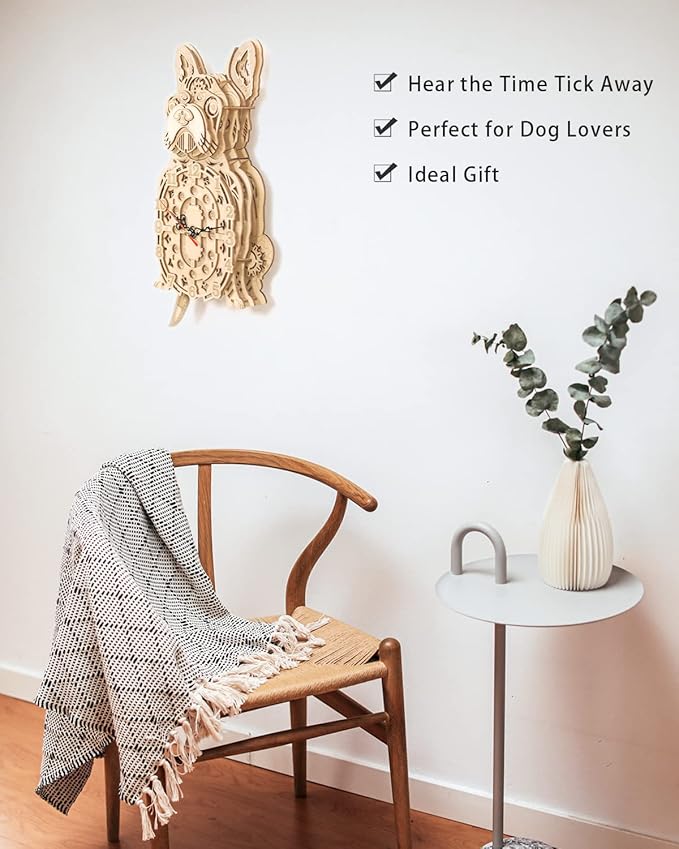 Wooden 3D Puzzles for Adults: Mechanical Bulldog Clock Model - Christmas-Themed Wooden Clock Kits to Build with Wall Clock Pendulum