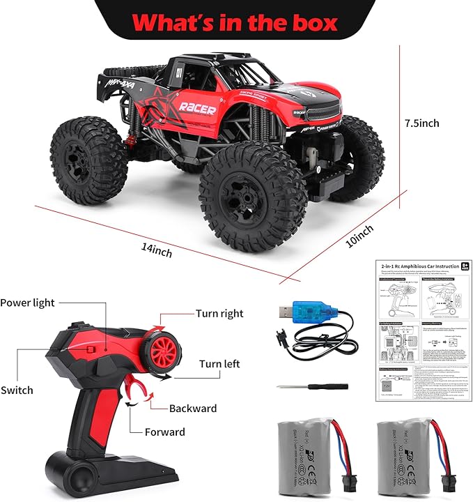 RC Trucks 4x4 Offroad Waterproof - 1:12 Scale Large Amphibious Remote Control Car, Dual Motors Crawler Vehicle, Monster Truck Toys with 2 Rechargeable Batteries, Best Gift for Kids Adults