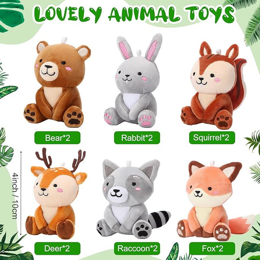 12 Pcs Mini Woodland Stuffed Animals Bulk 4'' Woodland Cute Animal Plush Toys Bear Rabbit Raccoon Fox Deer for Wedding Birthday Gifts Classroom Prizes Christmas Stocking Stuff