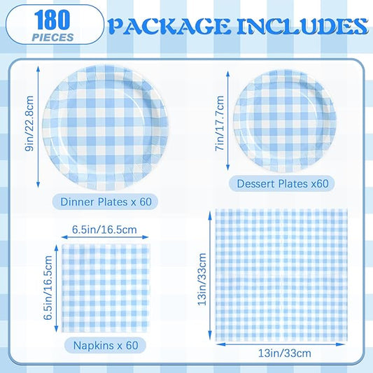 180Pcs Blue Gingham Party Supplies Paper Plates and Napkins Serve 60 Disposable Tableware Set for Birthday Party Decorations Game Day Family School Holiday Sports Events