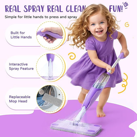 Kids Cleaning Toy Set,Purple Mini Spray Mop Montessori Toys Pretend Play Cleaning Tool for Toddlers with Spray Mop & Kids Broom Dustpan Set Cleaning Toys Gift for Toddlers Girls Boys Age 3+