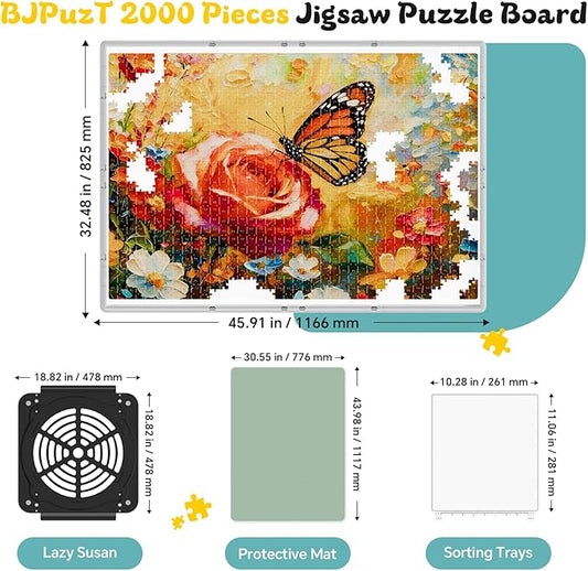 2000 Pieces Rotating Plastic Puzzle Board 3-in-1 Double-Sided/Tilting/Rotating, Portable Table 45.91"x32.48" Spinning Jigsaw Puzzle Table with Cover Lazy Susan Gift for Seniors Adults and Kids