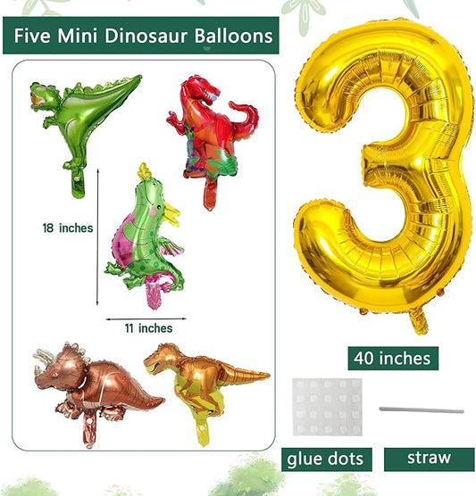 LilyZheng Dinosaur Number 3 Balloon, 40 Inch Large Gold Foil Number Balloon with 5 Mini Dino Balloons, Roar Dinosaur and Three Rex Birthday Decorations for Jungle Theme 3rd Birthday Party Decorations