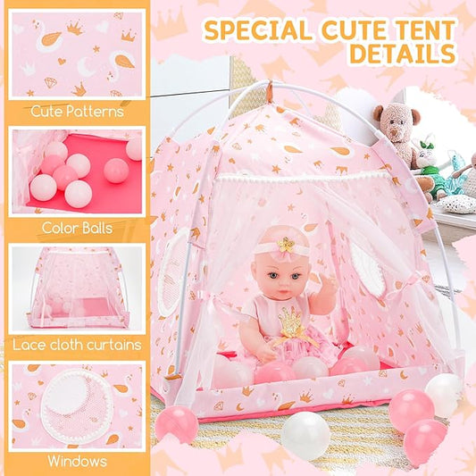 deAO Baby Doll Playset 12 Inch Baby Doll wirh Clothe and Accessories Baby Doll Carrier Storage Bag Balls Tent Toys, Pretend Play Birthday Gift for Kids Girls Boys, Collection