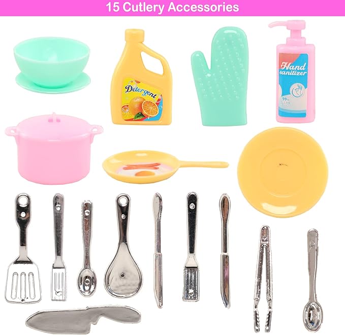 40 PCS Doll Clothes and Outfits - 6 Pants Outfits, 10 Shoes, 15 Makeup Accessories and 9 Tableware Accessories for 11.5 inch Doll Girl Dolls