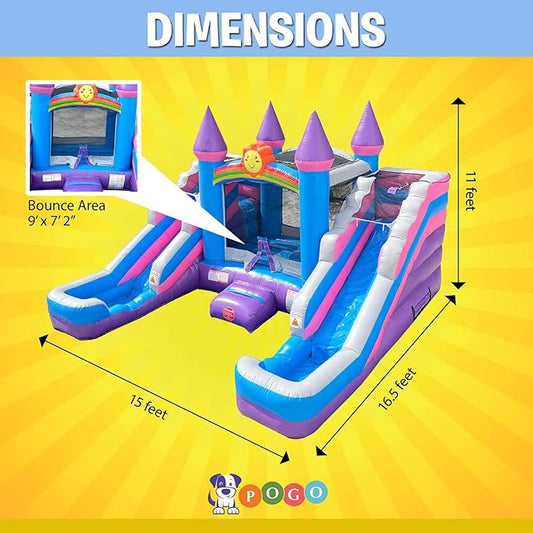 Inflatable Bounce House and Double Slide Combo (Without Blower) - 16' Long x 15' Wide Crossover Pink and Purple Castle Combo Bouncer, Kids Outdoor Toys and Jumpers