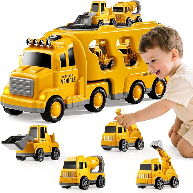 Construction Trucks Toys for 2 3 4 5 Years Old Boys - 5-in-1 Carrier Transport Vehicle Truck for Toddlers 2-4 Years with Crane, Mixer, Pushdozer and Excavator, Car Toys Birthdays Gift