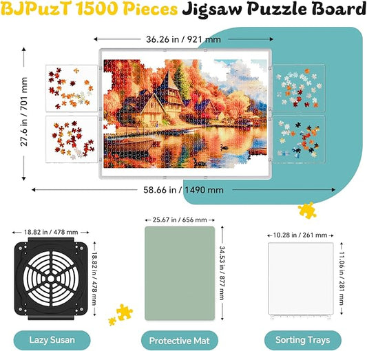 1500 Pieces Puzzle Board 3-in-1 Portable Double-Sided & Board Tilting & Rotating, Puzzle Table with Rotating Plastic Drawers and Cover, Portable Spinning Jigsaw 36.26"x27.6" for Kids Seniors Adults