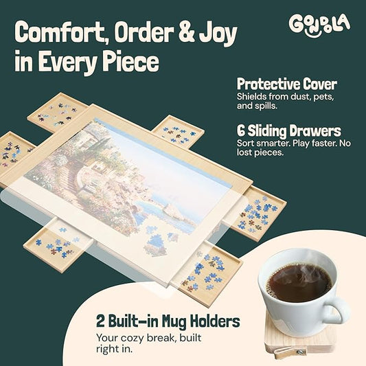 Gondola 1500 Pieces Puzzle Board with Mug Holders, 6 Drawers and Cover, Sturdy Jigsaw Puzzle Table Tray, 26"x35" Portable Wooden Jigsaw Puzzles Accessories, Jig Saw Home Holder Organizer Boards