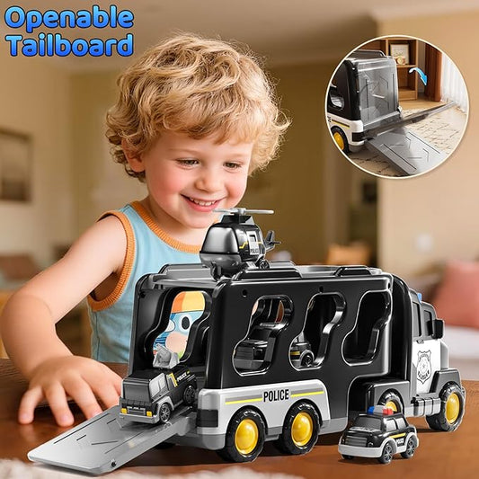 5 in 1 Police Car Carrier Truck Toy for Kids Ages 4-8, Police Truck with Light and Sound, Transporting Vehicle Boy Trucks Toy Sets, Kids Toys 3-5, Birthday Gifts for Boys Girls Aged 4-6 5-7