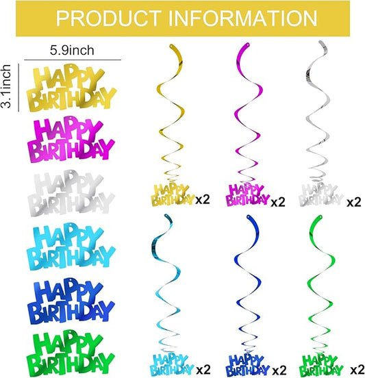 BEISHIDA 12 Pcs Pre-Strung Happy Birthday Hanging Swirl Decorations, Colorful Birthday Party Hanging Decor Supplies for Kids Adults