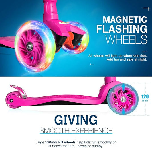 BELEEV Scooters for Kids 3 Wheel Kick Scooter for Toddlers Girls Boys, 4 Adjustable Height, Lean to Steer, Light up Wheels, Extra-Wide Deck, Easy to Assemble for Children Ages 3-12 (Rose Pink)