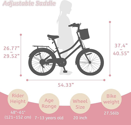 Girls Bikes Ages 8-12, 20 Inch Girls Bike Kids Bicycle with Basket, Lightweight Kids' Bicycles with Front and Rear Brakes, Cruiser Bike for Children, Multiple Colors