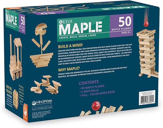 MindWare KEVA Maple 50 Planks - Free-Form 3D Building for Kids - Create Your own Architecture Designs Wood Blocks