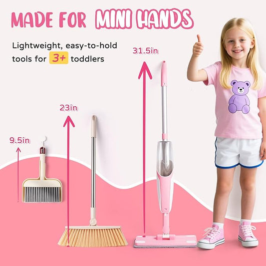 Kids Cleaning Toy Set,Pink Mini Spray Mop Montessori Toys Pretend Play Cleaning Tool for Toddlers with Spray Mop & Kids Broom Dustpan Set Cleaning Toys Gift for Toddlers Girls Boys Age 3+