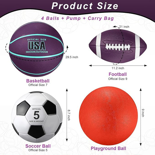 Lenwen 4 Pcs Sports Balls Set, Include Official Size Basketball Soccer Football Playground Ball Pump Equipment Bag for Teen Adult Christmas Ball Gifts