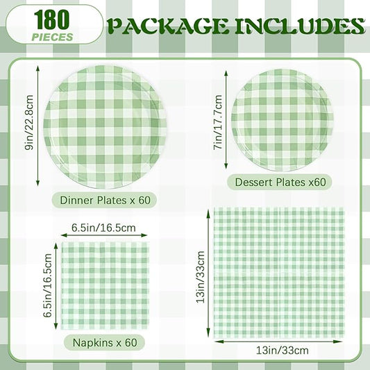 180Pcs Green Gingham Party Supplies Paper Plates and Napkins Serve 60 Disposable Tableware Set for Birthday Party Decorations Game Day Family School Holiday Sports Events