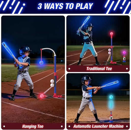 3-in-1 LED Baseball Set for Kids 3-5 - Tee Ball Stand, Hanging Tee, Ball Launcher and 4 Softballs - Adjustable Height, Indoor/Outdoor Sport Gifts for Boys Girls, Blue