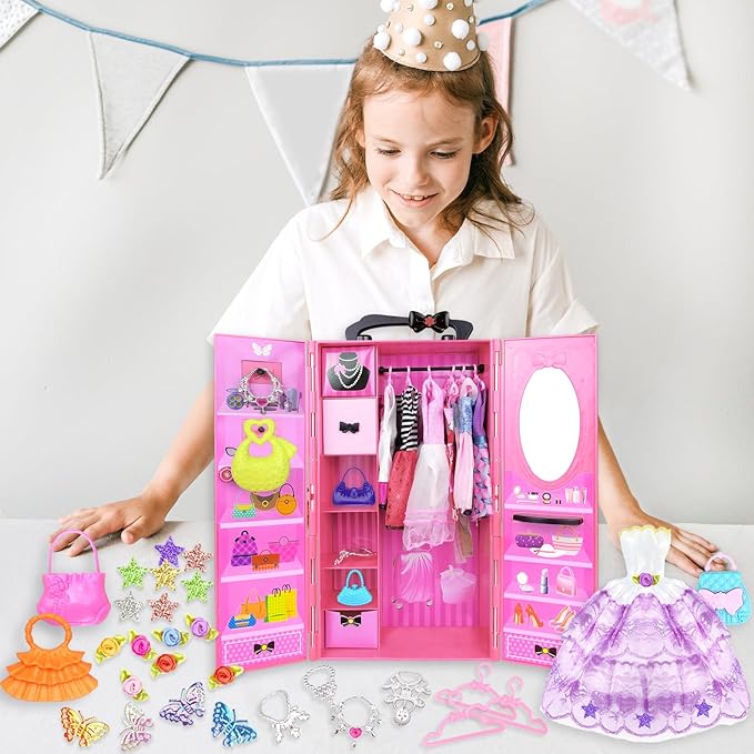 75PCS Doll Clothes and Accessories with Closet for 11.5 Inch Doll - Fashion Design Set Including Wedding Dress Fashion Dresses Outfits Tops and Pants Hangers Bags for Girls