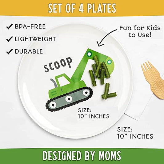 Tiny Expressions - Construction Plates for Toddlers - Set of 4 Melamine Plates for Kids - Excavator, Cement Mixer, Bulldozer, and Dump Truck - Fun Plastic Dinnerware for Kids