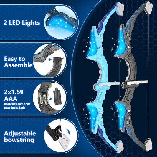 2 Pack Kids Bow and Arrow, 20 Suction Cup Arrows, 2 Archery Targets&Quiver, Light-up Set for 4 5 6 7 8 9 10 11 12 Year Old, Indoor Outdoor Toys for Ages 5-7 8-13 Boys Girls(Black & Blue)
