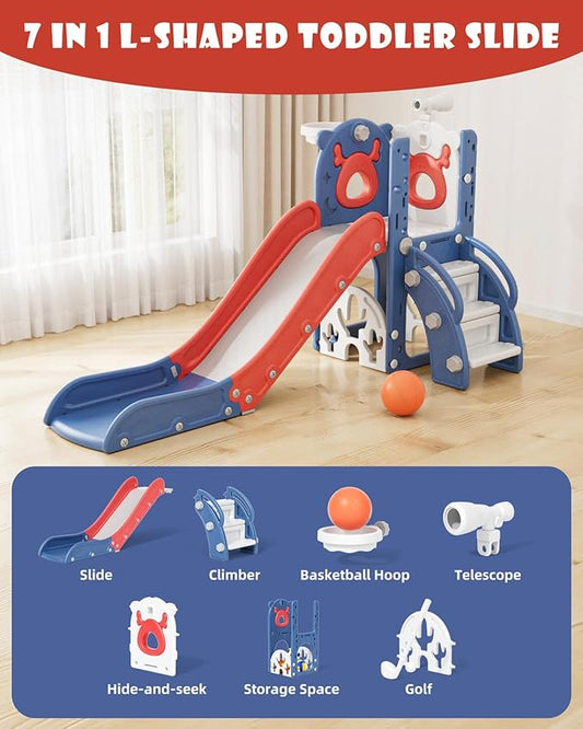 XJD 7 in 1 Toddler Slide, Kids Indoor Slide for Toddlers 12-36 Months, New Upgrade with Golf, Basketball Hoop for Indoor Outdoor Playset,Christmas Birthday Gifts for Toddler (Blue Red)