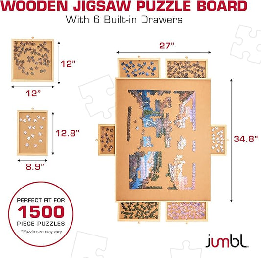 Jumbl 1500-Piece Puzzle Board with Drawers, Lazy Susan & Cover | Rotating Wooden Jigsaw Puzzle Table for Adults & Kids | Built to Last