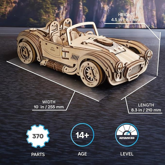 UGEARS Drift Cobra Racing Car Puzzle - Wooden 3D Puzzles for Adults to Build with Powerful Spring Motor - Wood Mechanical Models Building Kit Retro Hobbies for Men - 370 Pcs